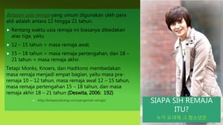 SIAPA SIH REMAJA
ITU?
누가 도대체 그 청소년은
Batasan usia remaja yang umum digunakan oleh para
ahli adalah antara 12 hingga 21 tahun.
 Rentang waktu usia remaja ini biasanya dibedakan
atas tiga, yaitu
 12 – 15 tahun = masa remaja awal,
 15 – 18 tahun = masa remaja pertengahan, dan 18 –
21 tahun = masa remaja akhir.
Tetapi Monks, Knoers, dan Haditono membedakan
masa remaja menjadi empat bagian, yaitu masa pra-
remaja 10 – 12 tahun, masa remaja awal 12 – 15 tahun,
masa remaja pertengahan 15 – 18 tahun, dan masa
remaja akhir 18 – 21 tahun (Deswita, 2006: 192)
 http://belajarpsikologi.com/pengertian-remaja/
 