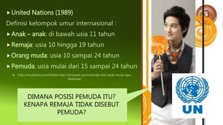 DIMANA POSISI PEMUDA ITU?
KENAPA REMAJA TIDAK DISEBUT
PEMUDA?
United Nations (1989)
Definisi kelompok umur internasional :
Anak – anak: di bawah usia 11 tahun
Remaja: usia 10 hingga 19 tahun
Orang muda: usia 10 sampai 24 tahun
Pemuda: usia mulai dari 15 sampai 24 tahun
 http://mudazine.com/briliani-dwi-harnawan-putri/remaja-dan-anak-muda-apa-
bedanya/
 