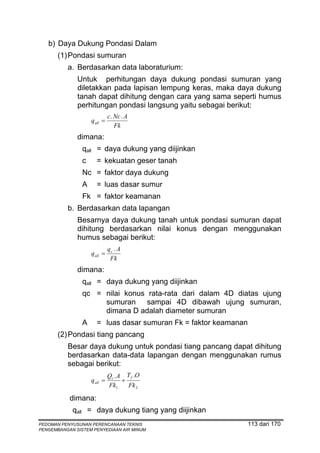 b) Daya Dukung Pondasi Dalam
       (1) Pondasi sumuran
          a. Berdasarkan data laboraturium:
              Untuk perhitungan daya dukung pondasi sumuran yang
              diletakkan pada lapisan lempung keras, maka daya dukung
              tanah dapat dihitung dengan cara yang sama seperti humus
              perhitungan pondasi langsung yaitu sebagai berikut:
                              c . Nc . A
                    q all =
                                  Fk
              dimana:
                qall = daya dukung yang diijinkan
                c     = kekuatan geser tanah
                Nc = faktor daya dukung
                A     = luas dasar sumur
                Fk = faktor keamanan
          b. Berdasarkan data lapangan
              Besarnya daya dukung tanah untuk pondasi sumuran dapat
              dihitung berdasarkan nilai konus dengan menggunakan
              humus sebagai berikut:
                              qc . A
                    q all =
                               Fk
              dimana:
                qall = daya dukung yang diijinkan
                qc = nilai konus rata-rata dari dalam 4D diatas ujung
                     sumuran     sampai 4D dibawah ujung sumuran,
                     dimana D adalah diameter sumuran
                A     = luas dasar sumuran Fk = faktor keamanan
       (2) Pondasi tiang pancang
          Besar daya dukung untuk pondasi tiang pancang dapat dihitung
          berdasarkan data-data lapangan dengan menggunakan rumus
          sebagai berikut:
                              Qc . A T f .O
                    q all =         +
                              Fk1     Fk 2

           dimana:
            qall = daya dukung tiang yang diijinkan
PEDOMAN PENYUSUNAN PERENCANAAN TEKNIS                             113 dari 170
PENGEMBANGAN SISTEM PENYEDIAAN AIR MINUM
 