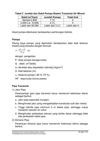 Tabel 3 Jumlah dan Debit Pompa Sistem Transmisi Air Minum
           Debit (m3/hari)            Jumlah Pompa        Total Unit
            Sampai 2.800                   1 (1)              2
          2.500 s.d. 10.000                2 (1)              3
          Lebih dari 90.000           Lebih dari 3 (1)   Lebih dari 4

Head pompa ditentukan berdasarkan perhitungan hidrolis.


Pompa
Hitung daya pompa yang diperlukan berdasarkan data total tekanan
(head) yang tersedia dengan formula:
         Q . w. H
    P=              HP
          75 .η

   dengan pengertian:
   P : daya pompa (tenaga kuda)
   Q : debit (m3/detik)
   w : densitas atau kepadatan (density) (kg/cm3)
   H : total tekanan (m)
   η : efisiensi pompa ( 60 %–75 %)
   HP : daya kuda (horse power)


Pipa Transmisi
1) Jalur Pipa
   Perencanaan jalur pipa transmisi harus memenuhi ketentuan teknis
   sebagai berikut:
   a. Jalur pipa sependek mungkin;
   b. Menghindari jalur yang mengakibatkan konstruksi sulit dan mahal;
   c. Tinggi hidrolis pipa minimum 5 m diatas pipa, sehingga cukup
      menjamin operasi air valve;
   d. Menghindari perbedaan elevasi yang terlalu besar sehingga tidak
      ada perbedaan kelas pipa.
2) Dimensi Pipa
   Penentuan dimensi pipa harus memenuhi ketentuan teknis sebagai
   berikut:

PEDOMAN PENYUSUNAN PERENCANAAN TEKNIS                               32 dari 170
PENGEMBANGAN SISTEM PENYEDIAAN AIR MINUM
 