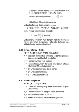 i sendiri adalah merupakan penjumlahan dari
                              heat indeks i bulanan selama 12 bulan.
                                                                  ⎛ t ⎞
                              i ditentukan dengan rumus       i = ⎜ ⎟ 1 , 514
                                                                  ⎝ 5 ⎠


                              i lihat tabel 13 pada Lampiran A.
                     Untuk koefisien a diselesaikan dengan:
                          a = 675. 10-9i3 – 771.10-7.i2 + 1792.10-5 + 0,49239
                     Maka rumus umum diatas menjadi:
                                             4
                                         ⎡10.t ⎤
                               PET = 1,6 ⎢       (cm/bulan)
                                         ⎣ i ⎥ ⎦
                     Untuk memperkirakan PET dengan metode Thornwaite
                     harus diketahui temperatur rata-rata bulanan dan
                     latitude lokasi stasiun klimatologi.


              b.2.2 Metode Blaney – Gridle
                     PET = K.p (0,4572.t + 8,128) (mm/bulan)
                     K = koefisien consumtive use yang tergantung dengan
                         tipe dan tempat tumbuh-tumbuhan
                     t   = temperatur rata-rata bulanan
                     P = prosentase jumlah day time hour dalam tahunan
                        (lihat tabel 14 pada Lampiran A)
                     K = 0,8 untuk daerah yang dekat pantai
                         = 0,6 untuk daerah kering
                         = 0,75 untuk daerah tropis


              b.2.3 Metode Hargreves
                     Ev = 17,4 .D. Tc (1,0 – Hn)
                     D = koefisien monthly day time (lihat tabel 15 pada
                        Lampiran A)
                     Ev = evaporasi class A pan per bulan dalam mm
                     Tc = temperatur rata-rata bulanan
                     Hn = kelembaban udara pada lewat tengah hari


PEDOMAN PENYUSUNAN PERENCANAAN TEKNIS                                     43 dari 170
PENGEMBANGAN SISTEM PENYEDIAAN AIR MINUM
 