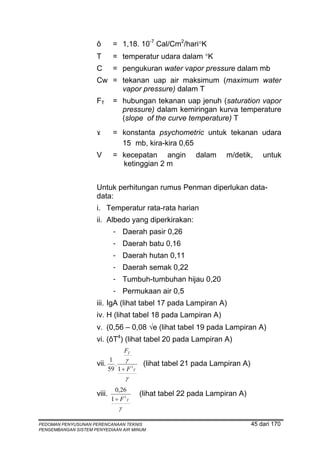 ô         = 1,18. 10-7 Cal/Cm2/hari°K
                     T         = temperatur udara dalam °K
                     C         = pengukuran water vapor pressure dalam mb
                     Cw = tekanan uap air maksimum (maximum water
                          vapor pressure) dalam T
                     FT        = hubungan tekanan uap jenuh (saturation vapor
                                 pressure) dalam kemiringan kurva temperature
                                 (slope of the curve temperature) T
                     ɤ         = konstanta psychometric untuk tekanan udara
                                 15 mb, kira-kira 0,65
                     V         = kecepatan angin           dalam     m/detik,      untuk
                                 ketinggian 2 m


                     Untuk perhitungan rumus Penman diperlukan data-
                     data:
                     i. Temperatur rata-rata harian
                     ii. Albedo yang diperkirakan:
                               - Daerah pasir 0,26
                               - Daerah batu 0,16
                               - Daerah hutan 0,11
                               - Daerah semak 0,22
                               - Tumbuh-tumbuhan hijau 0,20
                               - Permukaan air 0,5
                     iii. IgA (lihat tabel 17 pada Lampiran A)
                     iv. H (lihat tabel 18 pada Lampiran A)
                     v. (0,56 – 0,08 √e (lihat tabel 19 pada Lampiran A)
                     vi. (ôT4) (lihat tabel 20 pada Lampiran A)
                                     FT
                             1     γ
                     vii.      .            (lihat tabel 21 pada Lampiran A)
                             59 1 ÷ F 1T
                                     γ
                                0,26
                     viii.                 (lihat tabel 22 pada Lampiran A)
                              1 ÷ F 1T
                                 γ

PEDOMAN PENYUSUNAN PERENCANAAN TEKNIS                                          45 dari 170
PENGEMBANGAN SISTEM PENYEDIAAN AIR MINUM
 