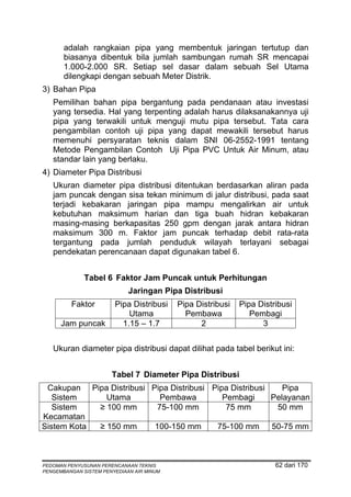 adalah rangkaian pipa yang membentuk jaringan tertutup dan
       biasanya dibentuk bila jumlah sambungan rumah SR mencapai
       1.000-2.000 SR. Setiap sel dasar dalam sebuah Sel Utama
       dilengkapi dengan sebuah Meter Distrik.
3) Bahan Pipa
   Pemilihan bahan pipa bergantung pada pendanaan atau investasi
   yang tersedia. Hal yang terpenting adalah harus dilaksanakannya uji
   pipa yang terwakili untuk menguji mutu pipa tersebut. Tata cara
   pengambilan contoh uji pipa yang dapat mewakili tersebut harus
   memenuhi persyaratan teknis dalam SNI 06-2552-1991 tentang
   Metode Pengambilan Contoh Uji Pipa PVC Untuk Air Minum, atau
   standar lain yang berlaku.
4) Diameter Pipa Distribusi
   Ukuran diameter pipa distribusi ditentukan berdasarkan aliran pada
   jam puncak dengan sisa tekan minimum di jalur distribusi, pada saat
   terjadi kebakaran jaringan pipa mampu mengalirkan air untuk
   kebutuhan maksimum harian dan tiga buah hidran kebakaran
   masing-masing berkapasitas 250 gpm dengan jarak antara hidran
   maksimum 300 m. Faktor jam puncak terhadap debit rata-rata
   tergantung pada jumlah penduduk wilayah terlayani sebagai
   pendekatan perencanaan dapat digunakan tabel 6.


              Tabel 6 Faktor Jam Puncak untuk Perhitungan
                             Jaringan Pipa Distribusi
         Faktor         Pipa Distribusi    Pipa Distribusi   Pipa Distribusi
                            Utama            Pembawa            Pembagi
      Jam puncak          1.15 – 1.7             2                 3


   Ukuran diameter pipa distribusi dapat dilihat pada tabel berikut ini:


                       Tabel 7 Diameter Pipa Distribusi
 Cakupan Pipa Distribusi Pipa Distribusi Pipa Distribusi    Pipa
   Sistem     Utama         Pembawa         Pembagi      Pelayanan
   Sistem   ≥ 100 mm       75-100 mm         75 mm        50 mm
Kecamatan
Sistem Kota ≥ 150 mm      100-150 mm      75-100 mm      50-75 mm



PEDOMAN PENYUSUNAN PERENCANAAN TEKNIS                                  62 dari 170
PENGEMBANGAN SISTEM PENYEDIAAN AIR MINUM
 
