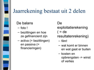 Jaarrekening bestaat uit 2 delen
De balans
– foto !
– bezittingen en hoe
ze gefinancierd zijn
– activa (= bezittingen)
en passiva (=
financieringen)
De
exploitatierekening
( = de
resultatenrekening)
– film!
– wat komt er binnen
en wat gaat er buiten
– kosten en
opbrengsten -> winst
of verlies
 