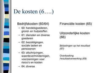 De kosten (6….)
Bedrijfskosten (60/64)
– 60: handelsgoederen,
grond- en hulpstoffen
– 61: diensten en diverse
goederen
– 62: bezoldigingen,
sociale lasten en
pensioenen
– 63: afschrijvingen,
waardeverminderingen,
voorzieningen voor
risico’s en kosten
– 64: diverse
Financiële kosten (65)
Uitzonderlijke kosten
(66)
Belastingen op het resultaat
(67)
Overboeking
/resultaatverwerking (69)
 