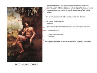 BACO. MUSEO LOUVRE La obra se centra en un personaje sentado cuya mano derecha, con el brazo doblado sobre el pecho, apunta hacia nuestra derecha, mientras que la izquierda señala hacia abajo. No se sabe si representa a San Juan o a Baco, Dios del vino. El paisaje fondo no es un desierto. Delicado uso del  sfumato  leonardesco que deshace los contornos . Reproduciendo exactamente las variadas especies vegetales.  Dominio de la luz.. Conocimiento cuerpo humano. 