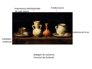 Bodegón de cacharros Francisco de Zurbarán Fondo oscuro Incidencia de la luz Calidades matéricas Importancia individualizada de cada objeto 