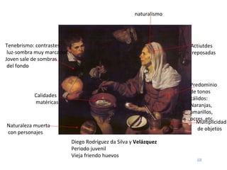 Diego Rodríguez da Silva y  Velázquez Periodo juvenil Vieja friendo huevos Naturaleza muerta con personajes Calidades matéricas Multiplicidad de objetos Predominio de tonos cálidos: Naranjas, amarillos, ocres, etc. Tenebrismo: contrastes luz-sombra muy marcados. Joven sale de sombras del fondo naturalismo Actiutdes reposadas 