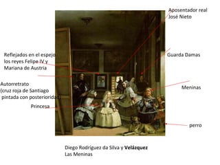 Diego Rodríguez da Silva y  Velázquez Las Meninas perro Autorretrato (cruz roja de Santiago pintada con posterioridad) Reflejados en el espejo los reyes Felipe IV y Mariana de Austria Aposentador real  José Nieto Guarda Damas Meninas  Princesa  