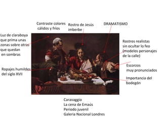 Caravaggio La cena de Emaús Periodo juvenil Galeria Nacional Londres Escorzos muy pronunciados Rostro de Jesús imberbe DRAMATISMO Rostros realistas sin ocultar lo feo (modelos personajes de la calle) Importancia del bodegón Ropajes humildes del siglo XVII Luz de claraboya que prima unas zonas sobre otras que quedan en sombras Contraste colores cálidos y fríos 