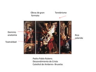 Pedro Pablo Rubens Descendimiento de Cristo Catedral de Amberes- Bruselas Rico colorido Teatralidad Obras de gran formato Dominio anatomia Tenebrismo 
