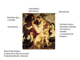 Pedro Pablo Rubens El rapto de las hijas de Leucipo Pinakothek Múnich  Alemania Contraste carnes nacaradas y blandas de mujeres y tostadas y musculosas de hombres Movimiento Teatralidad y  dramatismo Atmósfera gris y azulada Dramatismo 