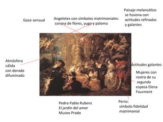 Pedro Pablo Rubens El jardín del amor Museo Prado Atmósfera cálida con dorado difuminado Mujeres con rostro de su segunda esposa Elena Fourment Actitudes galantes Angelotes con símbolos matrimoniales: corona de flores, yugo y paloma Goce sensual Paisaje melancólico se fusiona con actitudes refinadas y galantes  Perro: símbolo fidelidad matrimonial 