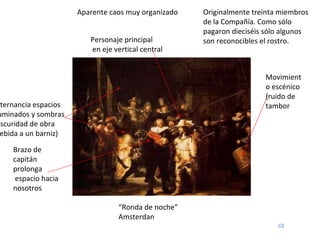 “ Ronda de noche” Amsterdan Movimiento escénico (ruido de tambor Originalmente treinta miembros de la Compañía. Como sólo pagaron dieciséis sólo algunos son reconocibles el rostro. Aparente caos muy organizado Personaje principal en eje vertical central Alternancia espacios Iluminados y sombras (oscuridad de obra  debida a un barniz) Brazo de capitán prolonga espacio hacia nosotros 