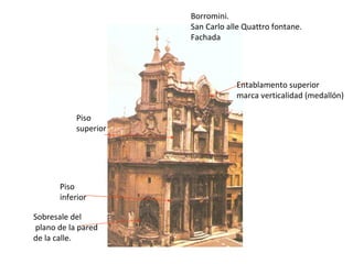 Borromini. San Carlo alle Quattro fontane. Fachada Piso inferior Piso superior Entablamento superior marca verticalidad (medallón) Sobresale del plano de la pared de la calle. 