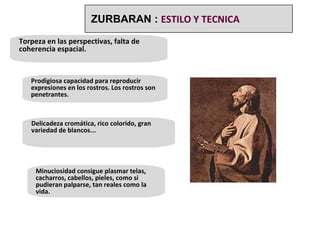Torpeza en las perspectivas, falta de coherencia espacial.  Prodigiosa capacidad para reproducir expresiones en los rostros. Los rostros son penetrantes. Delicadeza cromática, rico colorido, gran variedad de blancos...  Minuciosidad consigue plasmar telas, cacharros, cabellos, pieles, como si pudieran palparse, tan reales como la vida.  ZURBARAN :  ESTILO Y TECNICA 