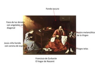 Francisco de Zurbarán El hogar de Nazaret Jesús niño herido con corona de espina Foco de luz dorada con angelotes en diagonal Rostro melancólico de la Virgen Fondo oscuro Plieges telas 