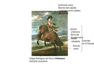 Diego Rodríguez da Silva y  Velázquez Retratos ecuestres Príncipe Baltasar Carlos Colorido  en el Paisaje  Terroso suelo Verde arboleda Azules y blancos Sierra de Guadarrama Contraste masa Marrón del caballo y ropajes tonos cálidos con fondo 