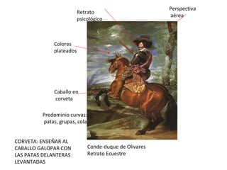 Conde-duque de Olivares Retrato Ecuestre Caballo en corveta Colores plateados Perspectiva aérea Predominio curvas: patas, grupas, cola Retrato psicológico CORVETA: ENSEÑAR AL CABALLO GALOPAR CON LAS PATAS DELANTERAS LEVANTADAS 