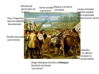Diego Rodríguez da Silva y  Velázquez Rendición de Breda “ Las lanzas” Caballos en oblicuo amplían la  profundidad Lanzas verticales Ejército español bien organizado (acotan primer término) Picas irregulares Ejército holandés desordenado Posible (discutido) autorretrato Gesto amable y generoso Retratos de personajes de la época Riqueza y armonía cromática 