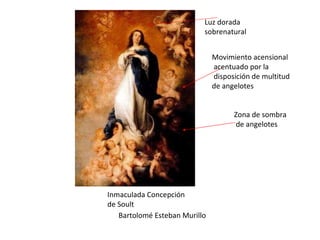 Bartolomé Esteban Murillo Inmaculada Concepción de Soult Luz dorada sobrenatural Movimiento acensional acentuado por la disposición de multitud de angelotes Zona de sombra de angelotes 