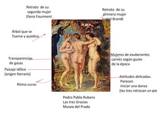 Pedro Pablo Rubens Las tres Gracias Museo del Prado Mujeres de exuberantes carnes según gusto de la época Actitudes delicadas. Parecen iniciar una danza (las tres retrasan un pie) Retrato  de su primera mujer Isabel Brandt Retrato  de su segunda mujer Elena Fourment Transparencias de gasas Ritmo curvo Paisaje idílico (origen literario) Árbol que se Tuerce y quiebra. 
