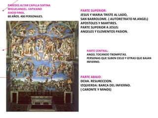 PAREDES ALTAR CAPILLA SIXTINA MIGUELANGEL. VATICANO JUICIO FINAL. 60 AÑOS. 400 PERSONAJES.  PARTE SUPERIOR: JESUS Y MARIA TRISTE AL LADO, SAN BARROLOME. ( AUTORETRATO M.ANGEL) APOSTOLES Y MARTIRES. PARTE SUPERIOR A JESUS: ANGELES Y ELEMENTOS PASION. PARTE CENTRAL :  ANGEL TOCANDO TROMPETAS. PERSONAS QUE SUBEN CIELO Y OTRAS QUE BAJAN INFIERNO. PARTE ABAJO: DCHA. RESURECCION. IZQUIERDA: BARCA DEL INFIERNO.  ( CARONTE Y MINOS) 