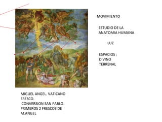 MIGUEL ANGEL. VATICANO FRESCO. CONVERSION SAN PABLO. PRIMEROS 2 FRESCOS DE M.ANGEL MOVIMIENTO ESTUDIO DE LA  ANATOMIA HUMANA LUZ ESPACIOS : DIVINO TERRENAL 