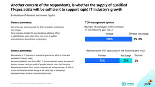 Another concern of the respondents, is whether the supply of qualified
IT-specialists will be sufficient to support rapid IT industry's growth
Evaluation of demand on human capital
General comments
Due to fast-pace industry’s growth the deficit of qualified professionals
may increase;
Some companies mitigate this issue by opening additional offices
in small Ukrainian towns, where there is an excess of qualified
professionals who demand lower compensation.
General comments
Remuneration of IT-specialists is expected to grow further, which is in line with
worldwide IT industry trends;
Increasing production costs do not affect IT-service companies heavily, because such
business compete mostly on quality of provided services, rather than their price;
Abovementioned trend affects product companies and startups because it is difficult
to hire staff below the market average at the initial stage of a company’s
development when business is sensitive to extra costs.
Sources: Interviews with TOP-management of Kharkiv IT-companies
Number of employees in the company
in the following year will...»
«Remuneration of IT-specialists in the following year will.»
TOP-management opinion
Decrease
73% 27%
Increase Not change
0%
Decrease
100% 0%
Increase Not change
0%
«
 
