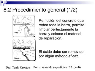 Preparación de superficies 25 de 46Dra. Tania Croston
8.2 Procedimiento general (1/2)
Remoción del concreto que
rodea toda la barra, permite
limpiar perfectamente la
barra y colocar el material
de reparación.
El óxido debe ser removido
por algún método eficaz.
 
