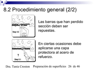 Preparación de superficies 26 de 46Dra. Tania Croston
8.2 Procedimiento general (2/2)
Las barras que han perdido
sección deben ser
repuestas.
En ciertas ocasiones debe
aplicarse una capa
protectora al acero de
refuerzo.
 