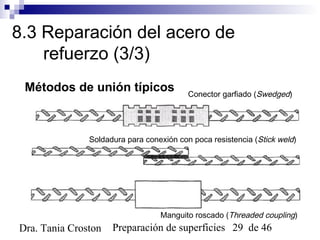 Preparación de superficies 29 de 46Dra. Tania Croston
8.3 Reparación del acero de
refuerzo (3/3)
Conector garfiado (Swedged)
Soldadura para conexión con poca resistencia (Stick weld)
Manguito roscado (Threaded coupling)
Métodos de unión típicos
 