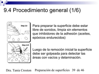 Preparación de superficies 39 de 46Dra. Tania Croston
9.4 Procedimiento general (1/6)
Para preparar la superficie debe estar
libre de sonidos, limpia sin elementos
que inhibidores de la adhesión (aceites,
epóxicos endurecidos)
Luego de la remoción inicial la superficie
debe ser golpeada para detectar las
áreas con vacíos y delaminación.
 