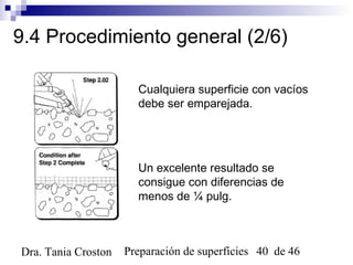Preparación de superficies 40 de 46Dra. Tania Croston
9.4 Procedimiento general (2/6)
Cualquiera superficie con vacíos
debe ser emparejada.
Un excelente resultado se
consigue con diferencias de
menos de ¼ pulg.
 
