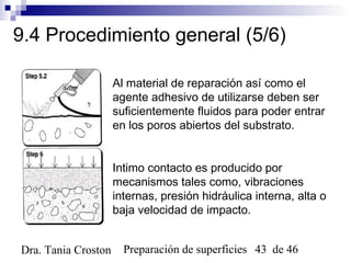 Preparación de superficies 43 de 46Dra. Tania Croston
9.4 Procedimiento general (5/6)
Al material de reparación así como el
agente adhesivo de utilizarse deben ser
suficientemente fluidos para poder entrar
en los poros abiertos del substrato.
Intimo contacto es producido por
mecanismos tales como, vibraciones
internas, presión hidráulica interna, alta o
baja velocidad de impacto.
 