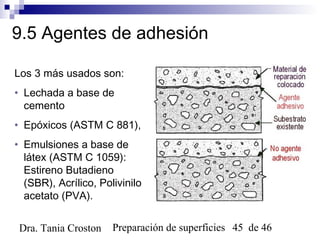 Preparación de superficies 45 de 46Dra. Tania Croston
9.5 Agentes de adhesión
Los 3 más usados son:
• Lechada a base de
cemento
• Epóxicos (ASTM C 881),
• Emulsiones a base de
látex (ASTM C 1059):
Estireno Butadieno
(SBR), Acrílico, Polivinilo
acetato (PVA).
 