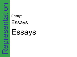 Representation
                 Essays

                 Essays

                 Essays
 