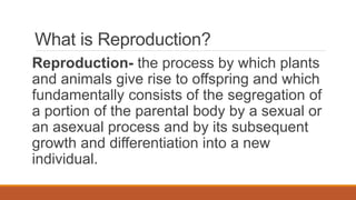 What is Reproduction?
Reproduction- the process by which plants
and animals give rise to offspring and which
fundamentally consists of the segregation of
a portion of the parental body by a sexual or
an asexual process and by its subsequent
growth and differentiation into a new
individual.
 