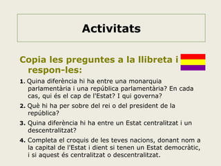 Activitats
Copia les preguntes a la llibreta i
respon-les:
1. Quina diferència hi ha entre una monarquia

parlamentària i una república parlamentària? En cada
cas, qui és el cap de l'Estat? I qui governa?

2. Què hi ha per sobre del rei o del president de la

república?

3. Quina diferència hi ha entre un Estat centralitzat i un

descentralitzat?

4. Completa el croquis de les teves nacions, donant nom a

la capital de l'Estat i dient si tenen un Estat democràtic,
i si aquest és centralitzat o descentralitzat.

 