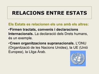 RELACIONS ENTRE ESTATS
Els Estats es relacionen els uns amb els altres:
✔Firmen tractats, convenis i declaracions
Internacionals. La declaració dels Drets humans,
és un exemple.
✔Creen organitzacions supranacionals. L'ONU
(Organització de les Nacions Unides), la UE (Unió
Europea), la Lliga Àrab.

 