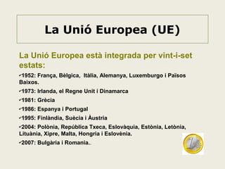 La Unió Europea (UE)
La Unió Europea està integrada per vint-i-set
estats:
✔1952:

França, Bèlgica, Itàlia, Alemanya, Luxemburgo i Països
Baixos.
✔1973:

Irlanda, el Regne Unit i Dinamarca

✔1981:

Grècia

✔1986:

Espanya i Portugal

✔1995:

Finlàndia, Suècia i Àustria

✔2004:

Polònia, República Txeca, Eslovàquia, Estònia, Letònia,
Lituània, Xipre, Malta, Hongria i Eslovènia.
✔2007:

Bulgària i Romania..

 