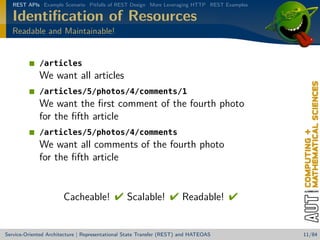 REST APIs Example Scenario Pitfalls of REST Design More Leveraging HTTP REST Examples

Identiﬁcation of Resources
Readable and Maintainable!

/articles

We want all articles
/articles/5/photos/4/comments/1

We want the ﬁrst comment of the fourth photo
for the ﬁfth article
/articles/5/photos/4/comments

We want all comments of the fourth photo
for the ﬁfth article

Cacheable!  Scalable!  Readable! 

Service-Oriented Architecture | Representational State Transfer (REST) and HATEOAS

11/84

 