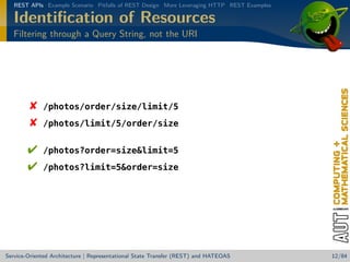 REST APIs Example Scenario Pitfalls of REST Design More Leveraging HTTP REST Examples

Identiﬁcation of Resources
Filtering through a Query String, not the URI




/photos/order/size/limit/5




/photos?order=sizelimit=5

/photos/limit/5/order/size

/photos?limit=5order=size

Service-Oriented Architecture | Representational State Transfer (REST) and HATEOAS

12/84

 