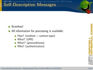 REST APIs Example Scenario Pitfalls of REST Design More Leveraging HTTP REST Examples

Self-Descriptive Messages

Stateless!
All information for processing is available:
How? (method + content-type)
What? (URI)
When? (preconditions)
Who? (authentication)

Service-Oriented Architecture | Representational State Transfer (REST) and HATEOAS

19/84

 