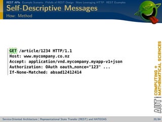 REST APIs Example Scenario Pitfalls of REST Design More Leveraging HTTP REST Examples

Self-Descriptive Messages
How: Method

GET /article/1234 HTTP/1.1
Host: www.mycompany.co.nz
Accept: application/vnd.mycompany.myapp-v1+json
Authorization: OAuth oauth_nonce=123 ...
If-None-Matched: absad12412414

Service-Oriented Architecture | Representational State Transfer (REST) and HATEOAS

20/84

 