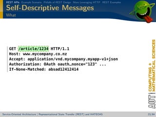 REST APIs Example Scenario Pitfalls of REST Design More Leveraging HTTP REST Examples

Self-Descriptive Messages
What

GET /article/1234 HTTP/1.1
Host: www.mycompany.co.nz
Accept: application/vnd.mycompany.myapp-v1+json
Authorization: OAuth oauth_nonce=123 ...
If-None-Matched: absad12412414

Service-Oriented Architecture | Representational State Transfer (REST) and HATEOAS

23/84

 