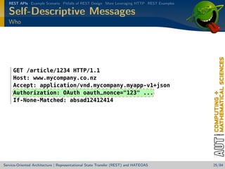 REST APIs Example Scenario Pitfalls of REST Design More Leveraging HTTP REST Examples

Self-Descriptive Messages
Who

GET /article/1234 HTTP/1.1
Host: www.mycompany.co.nz
Accept: application/vnd.mycompany.myapp-v1+json
Authorization: OAuth oauth_nonce=123 ...
If-None-Matched: absad12412414

Service-Oriented Architecture | Representational State Transfer (REST) and HATEOAS

25/84

 