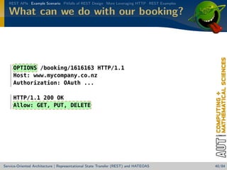 REST APIs Example Scenario Pitfalls of REST Design More Leveraging HTTP REST Examples

What can we do with our booking?

OPTIONS /booking/1616163 HTTP/1.1
Host: www.mycompany.co.nz
Authorization: OAuth ...
HTTP/1.1 200 OK
Allow: GET, PUT, DELETE

Service-Oriented Architecture | Representational State Transfer (REST) and HATEOAS

40/84

 
