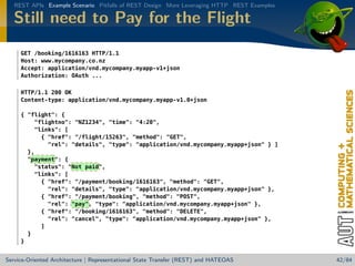 REST APIs Example Scenario Pitfalls of REST Design More Leveraging HTTP REST Examples

Still need to Pay for the Flight
GET /booking/1616163 HTTP/1.1
Host: www.mycompany.co.nz
Accept: application/vnd.mycompany.myapp-v1+json
Authorization: OAuth ...
HTTP/1.1 200 OK
Content-type: application/vnd.mycompany.myapp-v1.0+json
{ flight: {
flightno: NZ1234, time: 4:20,
links: [
{ href: /flight/15263, method: GET,
rel: details, type: application/vnd.mycompany.myapp+json } ]
},
payment: {
status: Not paid,
links: [
{ href: /payment/booking/1616163, method: GET,
rel: details, type: application/vnd.mycompany.myapp+json },
{ href: /payment/booking, method: POST,
rel: pay, type: application/vnd.mycompany.myapp+json },
{ href: /booking/1616163, method: DELETE,
rel: cancel, type: application/vnd.mycompany.myapp+json },
]
}
}

Service-Oriented Architecture | Representational State Transfer (REST) and HATEOAS

42/84

 