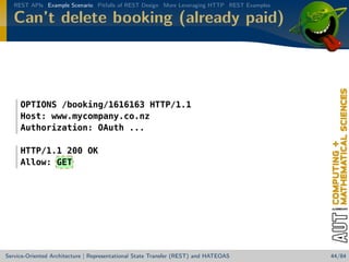 REST APIs Example Scenario Pitfalls of REST Design More Leveraging HTTP REST Examples

Can’t delete booking (already paid)

OPTIONS /booking/1616163 HTTP/1.1
Host: www.mycompany.co.nz
Authorization: OAuth ...
HTTP/1.1 200 OK
Allow: GET

Service-Oriented Architecture | Representational State Transfer (REST) and HATEOAS

44/84

 